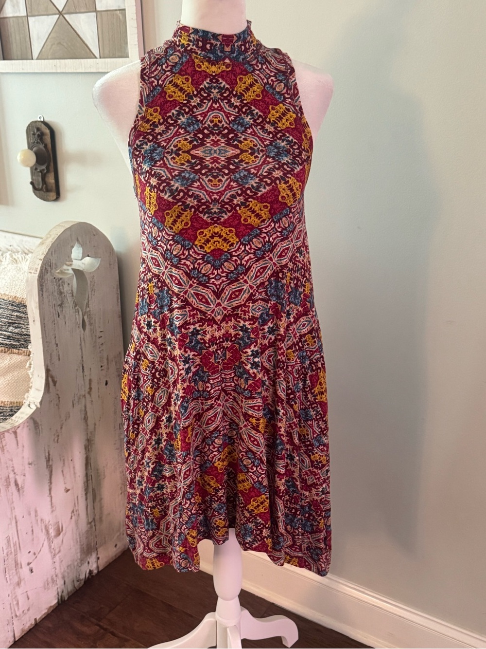 Sleeveless High-Neck Patterned Dress in Burgundy and Mustard Maeve Anthropologie